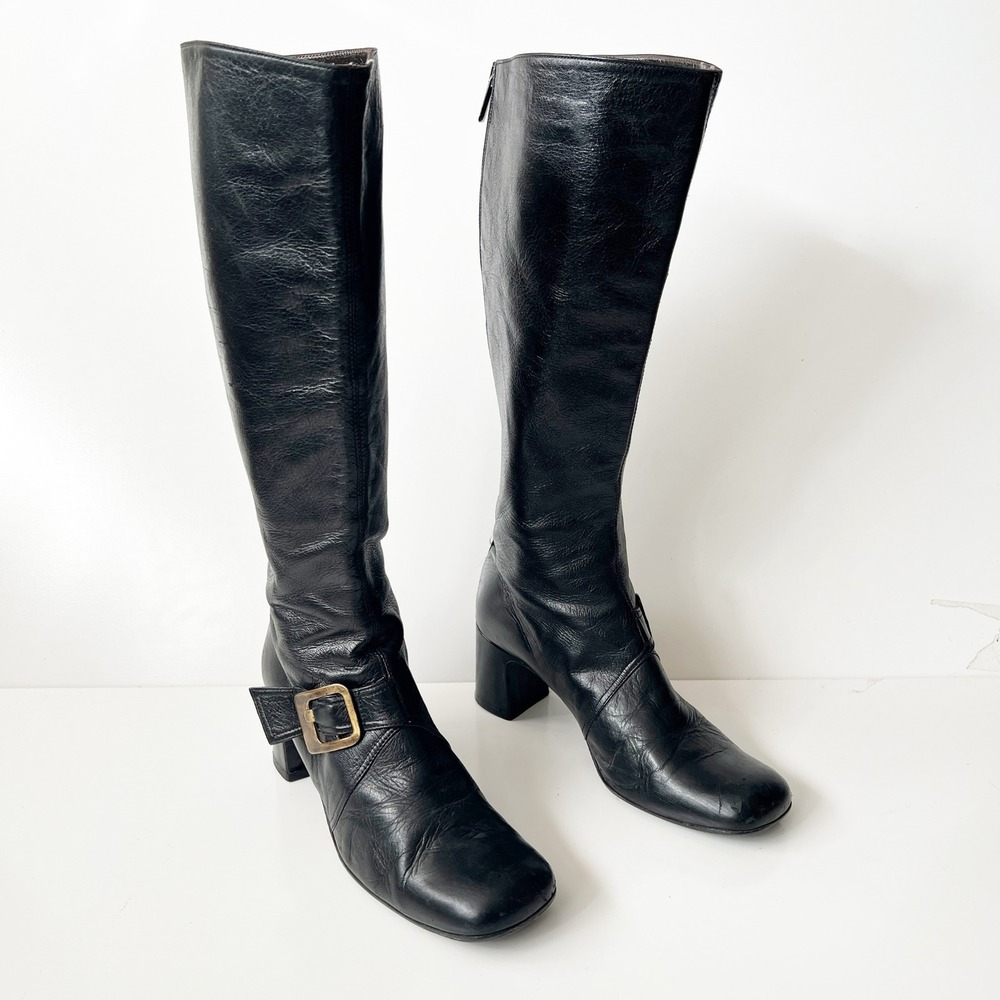 Vintage Black Leather Boots Square Toe Buckle Knee High 90s Chic Gogo Victorian